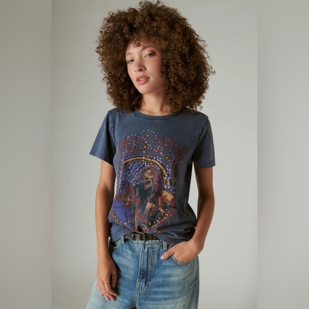 LUCKY BRAND Women’s Janis Joplin Tee-Size Large-Studded Graphic Rock Boho Shirt - Picture 10 of 12